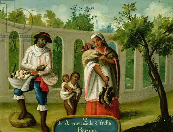Mexican author 18. century: An Arvarrasado and Barsino Indian Couple with their Children, from a series on mixed race marriages in Mexico