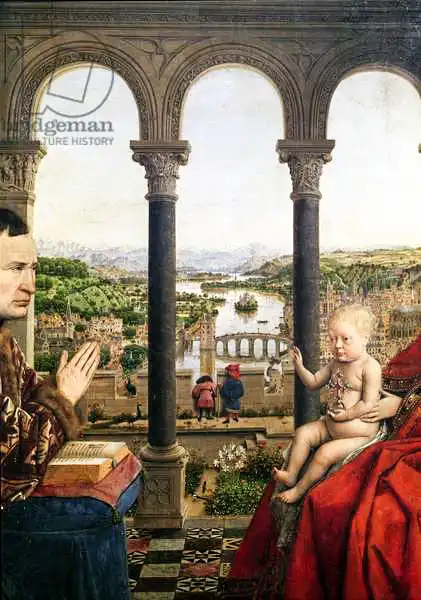 Eyck, van Jan: The Rolin Madonna (La Vierge de Chancelier Rolin), detail of the view between the columns