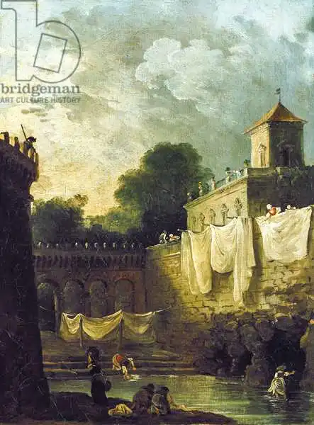 Robert, Hubert: Wäschelwomen im Wassergraben einer italienischen Villa