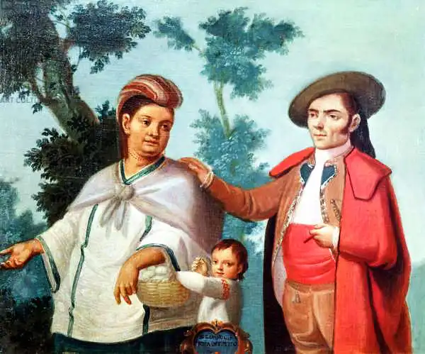 Mexican author 18. century: A Spaniard and his Mexican Indian Wife, illustration of mixed race marriages in Mexico