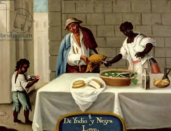 Mexican author 18. century: An American Indian Man and his Negro Wife, from a series on mixed race marriages in Mexico