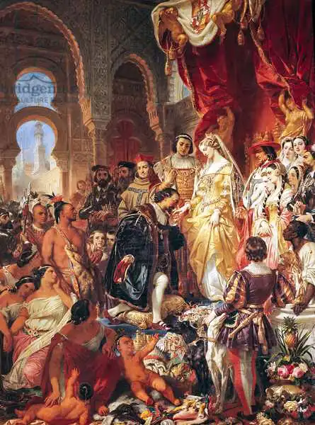 Deveria, Eugene: The Reception of Christopher Columbus (1450-1506) by Ferdinand II (1452-1516) of Aragon and Isabella (1451-1504) of Castille