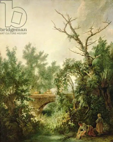 Huet, Jean-Baptiste: Peasant Woman Washing Clothes near a Bridge
