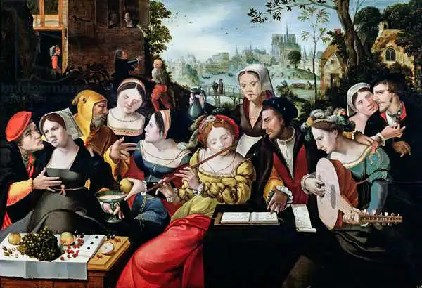Flemish school (16th century): Scene Galante at the Gates of Paris