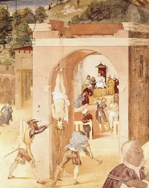 Lotto, Lorenzo: Scènes de la vie de Saint-Barbara, détail de Saint-Barbara remis au prélat romain, Marcian, puis torturée, 1523-24