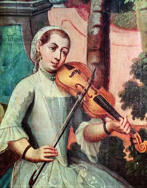 Mexican author 18. century: A Violinist, detail from a screen
