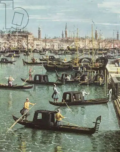 Canaletto, Giovanni: Gondoliers near the Entrance to the Grand Canal and the church of Santa Maria della Salute, Venice