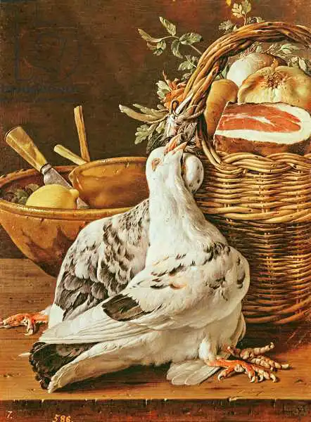 Meléndez, Luis: Still Life with pigeons, wicker basket, ham, onions and a lemon