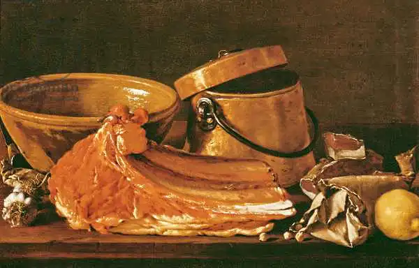 Meléndez, Luis: Still Life with meat, cooking pots, chickpeas, a lemon and garlic
