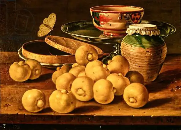 Meléndez, Luis: Still life with quinces, a silver fruit dish, bowls. a box for sweets and a butterfly