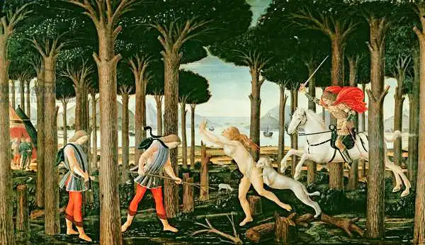 Botticelli, Sandro: Nastagios Vision von der geisterhaften Verfolgung im Wald: Szene I der Geschichte von Nastagio Degli Onesti