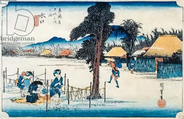 Hiroshige, Ando or Utagawa: Minakuchi: famosa producción de Kampyo, de la serie "Cincuenta y tres estaciones en el Tokaido", c.1834-35