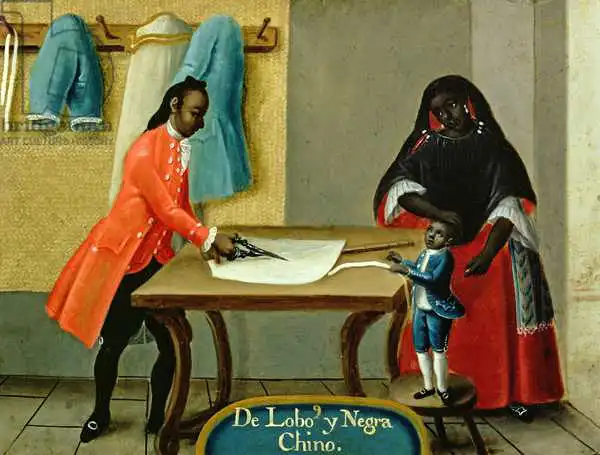 Mexican author 18. century: A Lobo Indian, his Half-Breed African Wife and their Child, from a series on mixed race marriages in Mexico