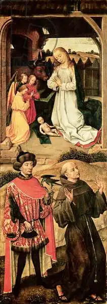 Weyden, Rogier van der: Triptych of the Calvary (left panel, the Nativity in the upper section, Saint Francis of Assisi and possibly Saint Julian the Hospitaller in the lower section)