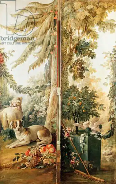 Huet, Jean-Baptiste: Salon of the print-maker Gilles Demarteau, two panels 1. dog and sheep 2. planted Orange tree with pecking doves