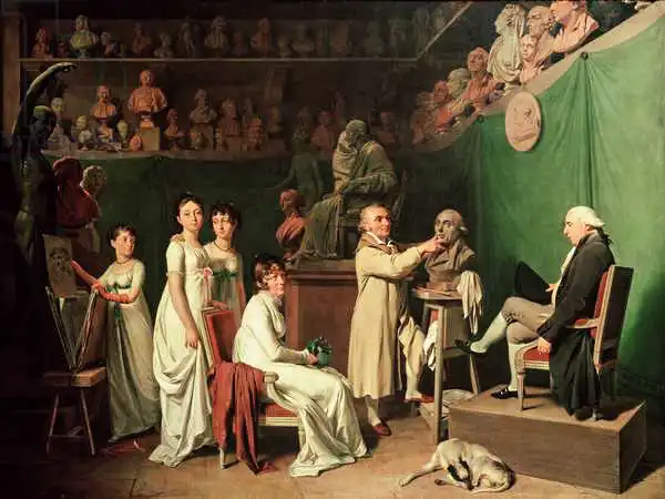 Boilly, Louis-Leopold: Jean Antoine Houdon (1741-1828) Sculpting the Bust of Pierre Simon (1749-1827) Marquis de Laplace in the Presence of his Wife and Daughters