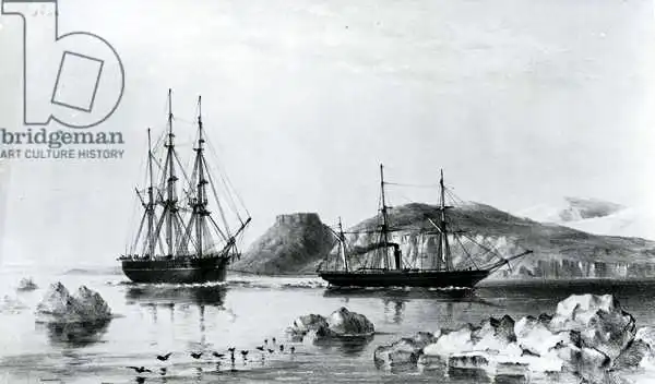 English school (19th century): La HMS Assistance a rimorchio del Pioneer che passa davanti a John Harrow Mount, nel canale di North Wellington nel 1853