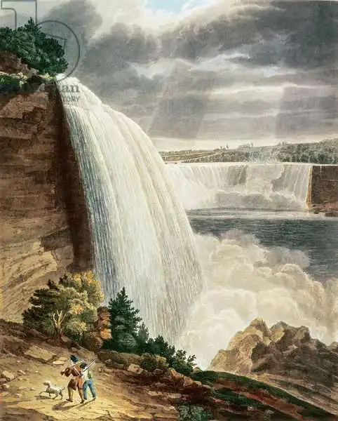 Bennett, H.J.: Cataratas del Niágara, parte de la Caída Americana desde el Pie de la Escalera, grabado por J. Hill, pub. por H.L.Megarcy
