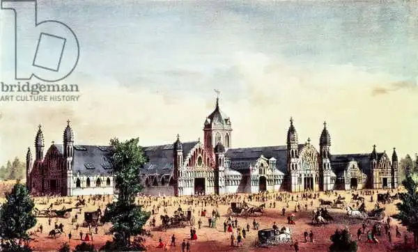 American school (19th century): Agricultural Hall, Grand United States Centennial Exhibition, Fairmount Park, Philadelphie, pub. par Currier et Ives