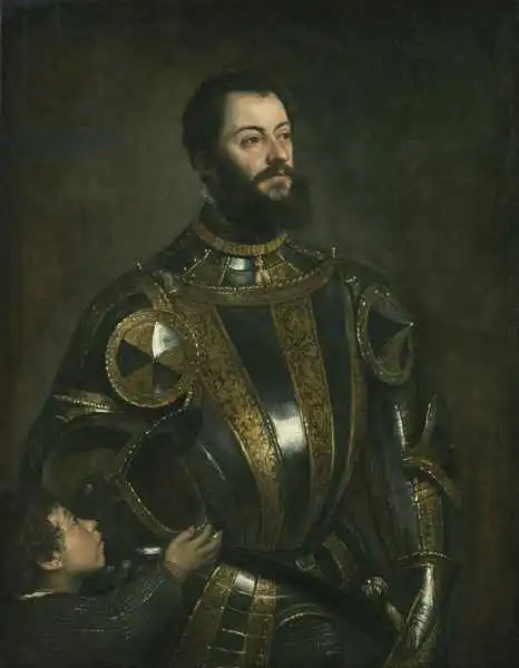 Tizian: Portrait of Alfonso dAvalos, Marchese del Vasto, in armor with a Page