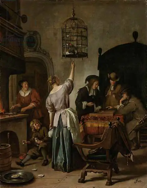 Steen, Jan Havicksz: Intérieur avec une femme alimentant un perroquet, connu sous le nom de ?? ~ The Parrot Cage », c.1660-70