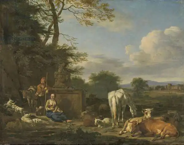 Velde, Adriaen van de: Arcadian Landscape with resting Shepherds and Animals