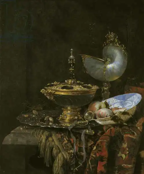 Kalf, Willem: Magnificent Still Life with Holbein Bowl, Nautilus and glass cup and fruit bowl