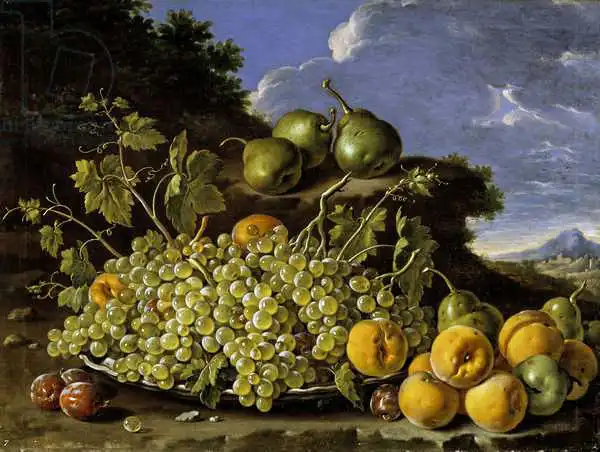 Meléndez, Luis: Still life with plate of grapes, peaches, pears and plums in a landscape