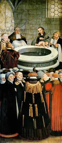 Cranach, Lucas: Triptychon, Links Panel, Philipp Melanchhon führt eine Taufe durch, die von Martin Luther, dem Center Panel, dem letzten Abendmahl mit Luther unter den Aposteln, bei der rechten Panel, Luther, lu, lu