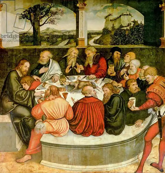 Cranach, Lucas: Triptych, left panel, Philipp Melanchthon performs a baptism assisted by Martin Luther, centre panel, the Last Supper with Luther amongst the Apostles, right panel, Luther makes his confession, Lu