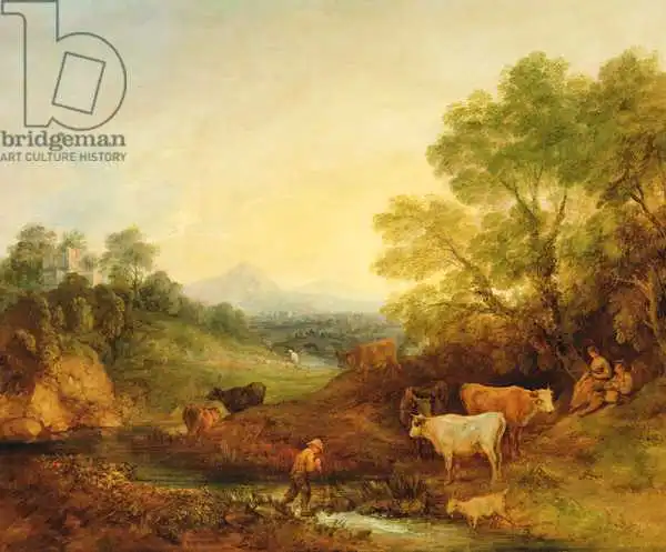 Gainsborough, Thomas: A Landscape with Cattle and Figures by a Stream and a Distant Bridge, c.1772-4