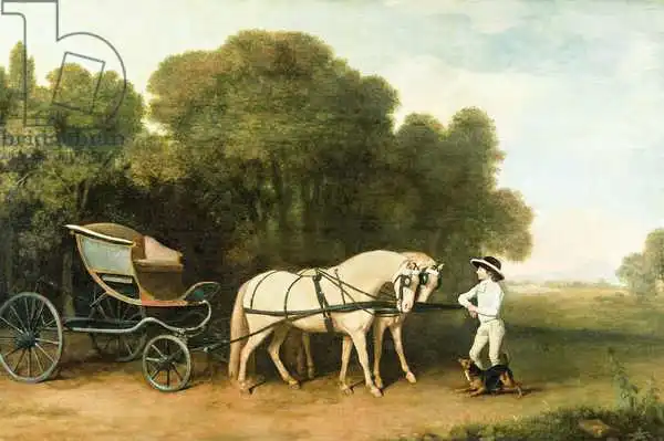 Stubbs, George: A Phaeton with a Pair of Cream Ponies in the Charge of a Stable-Lad, c.1780-5