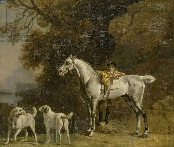 Stubbs, George: Huntsman with a Grey Hunter and Two Foxhounds: details from the Goodwood 