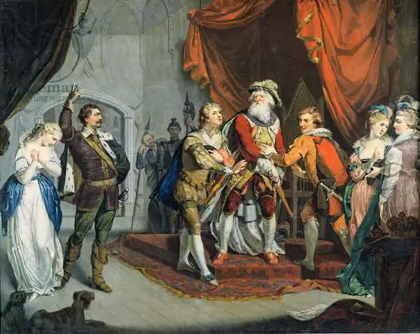 English school (18th century): Cordelia défendue par le comte de Kent, de «King Lear» par William Shakespeare (1564-1616) c.1770-80