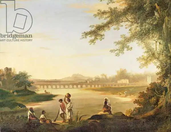 Hodges, William: The Marmalong Bridge, with a Sepoy and Natives in the Foreground