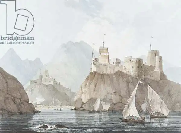 Daniell, Thomas: East View of the Forts Jellali and Merani, Muskah, Arabia, June 1793