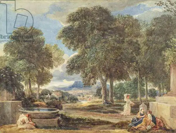 Cox, David: Landscape with a Man Washing his Feet at a Fountain, after Nicolas Poussin (1594-1665)