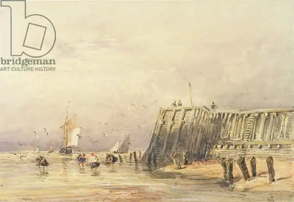 Cox, David: Seascape with Sailing Barges and Figures Wading Off-Shore