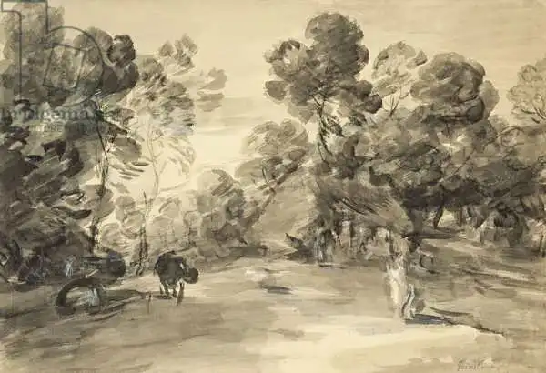 Gainsborough, Thomas: Wooded landscape with figures, cottage and cow