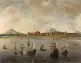 Dubbels, Hendrick: View of Batavia with the mountain range of the Salak, Pangerango and Gede. 1640-76