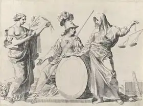 Mellan, Claude: Peace, Minerva and Justitia in the arms of Gallard and Mesmes