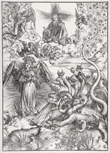 Dürer, Albrecht: Scene from the Apocalypse, The woman clothed with the sun and the seven-headed dragon, Latin edition