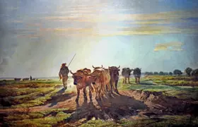 Troyon, Constant: Oxes watching to tillage, morning sky