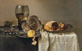 Heda, Gerrit Willemsz: Still life with fruit pie and various objects