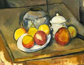 Cézanne, Paul: Straw-covered vase, sugar bowl and apples, 1890-93