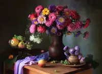 Skorokhod, Tatyana: Still life with a bouquet of asters and fruits