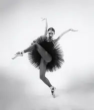 Alexandr: black swan. ballerina in a black tutu shows elements of ballet dance in motion