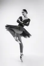 Alexandr: black swan. ballerina in a black tutu shows elements of ballet dance in motion
