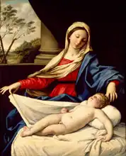 Sassoferrato, Giovanni B. S.: La Virgen, quien adora al Niño dormido