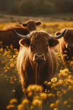 Treechild: Highland Cows In Flower Field No 2